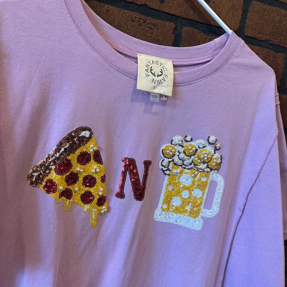 Y2K Sequin Graphic Tee Purple Pizza and Beer - Size Small Game Day Oversized - Picture 5 of 11